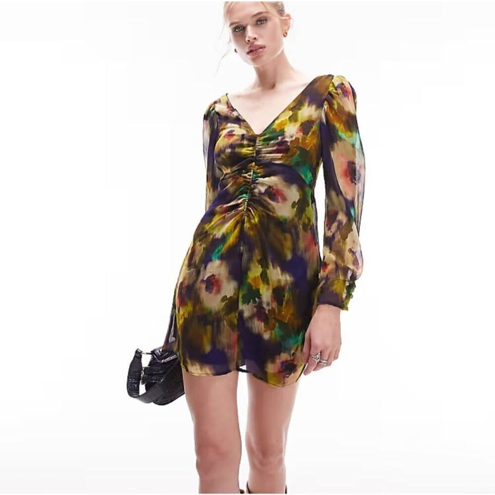 NWT TopShop Blurred Floral Ruched Mini Dress